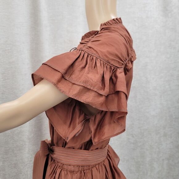 Current Air Flutter Sleeve Tiered Mini Dress Bronze Brown Belted - Picture 7 of 14